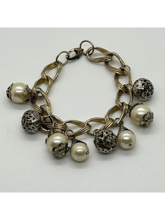 Estate Jewelry - Vintage Gold Tone Double Link Bracelet With Faux Pearl & Filigree Charm Baubles